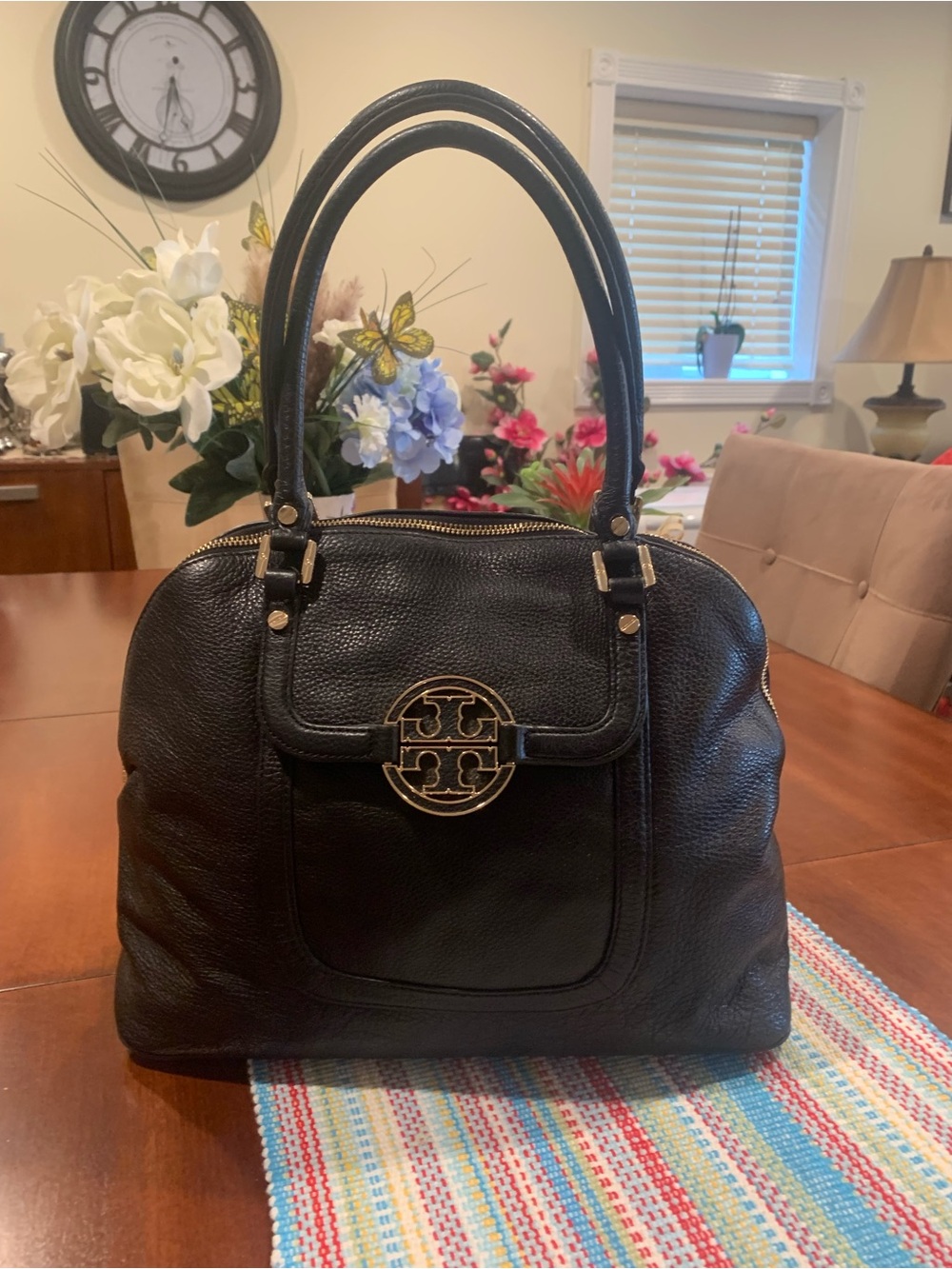 Tory Burch Black Pebbled Leather Satchel with Logo Medallion